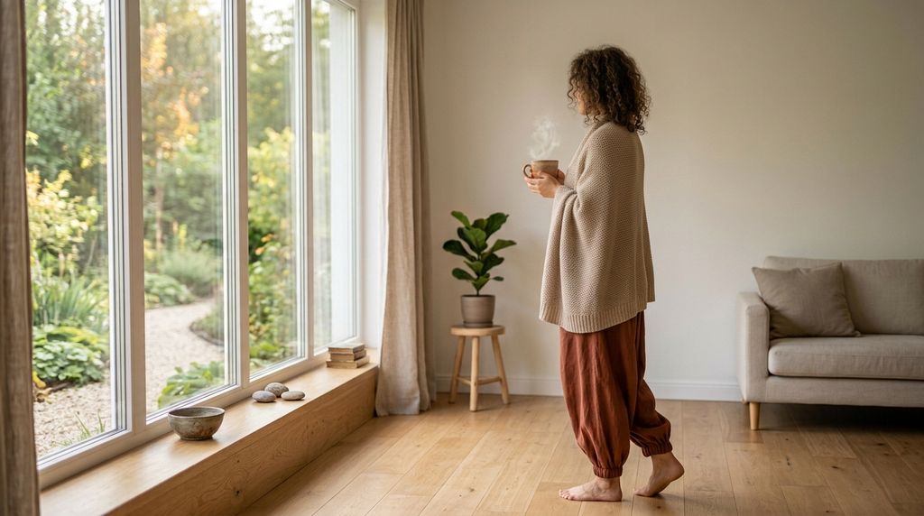 Frau mit einer Tasse Tee steht barfuß in einem hellen, ruhigen Wohnraum am Fenster