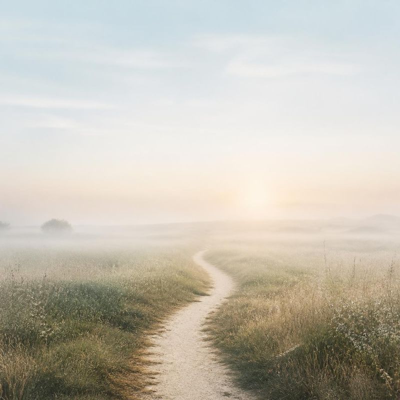 Ein schmaler Pfad führt durch eine neblige Wiese ins Morgenlicht